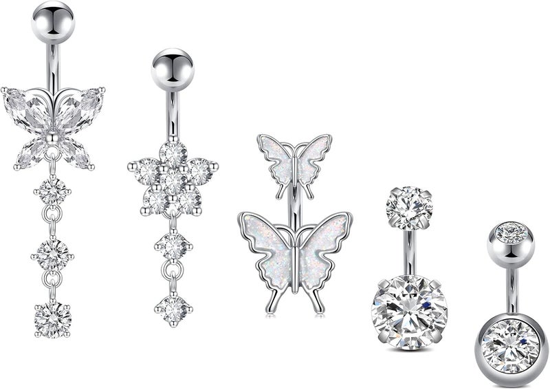 Incaton 14G Belly Button Rings, Stainless Steel Diamond Belly Rings For Women, Dangle Belly Button Rings With Butterfly, 6mm Short & 10mm Bar Navel Piercings - Image 1